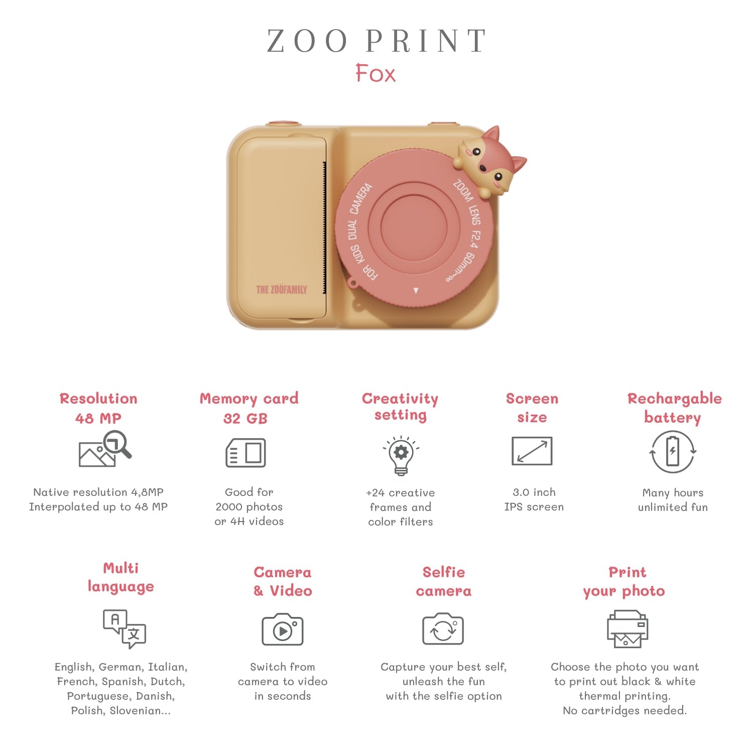 Dětský digitální foťák s tiskem fotek ZOOFAMILY Zoo Print Fox | Stylové doplňky pro děti a ženy | Lavly.cz