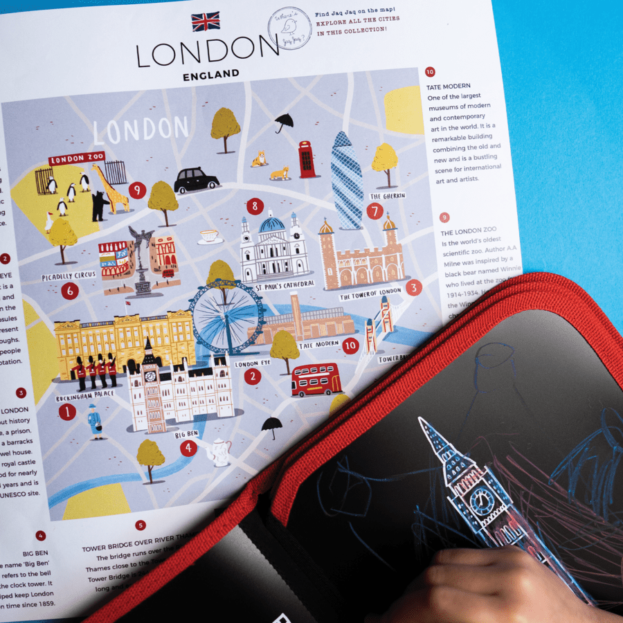 Kreslicí knížka s křídami/Omalovánka JAQ JAQ BIRD METROPOLE Londýn | Stylové doplňky pro děti a ženy | Lavly.cz