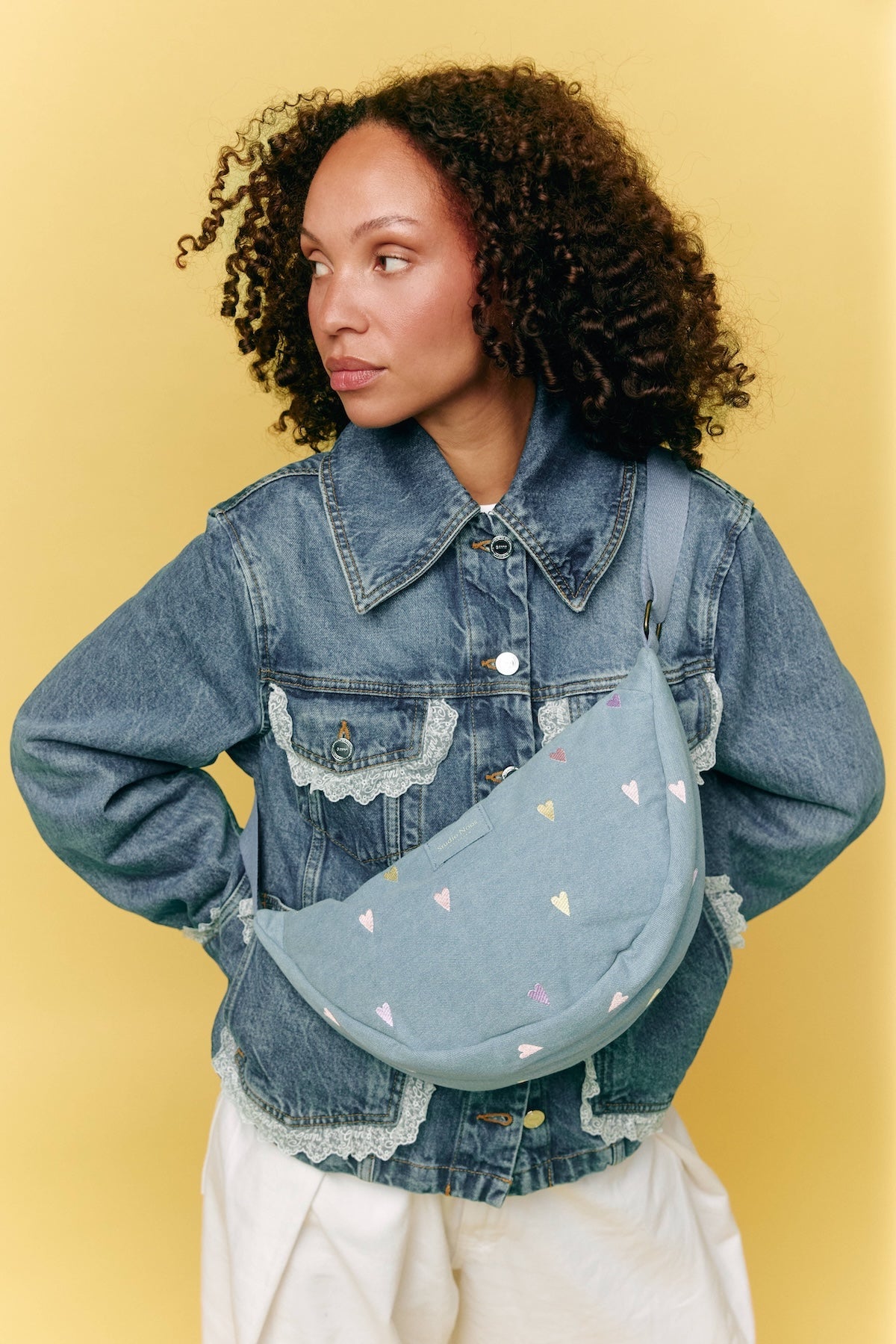 Crossbody ledvinka STUDIO NOOS Light Blue Hearts Denim | Lavly.cz